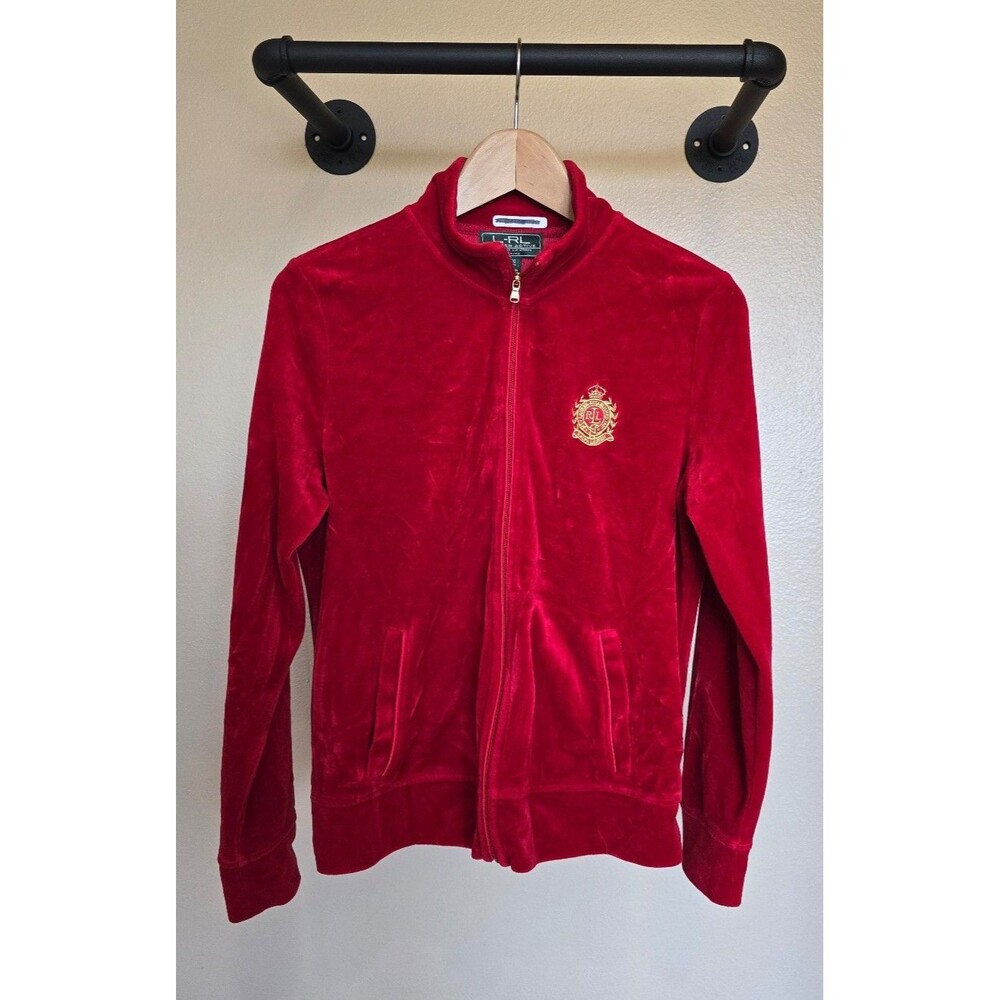 Lauren‎ Ralph Lauren Active Velvet Velour Zip Up Red Training Jacket Size large
